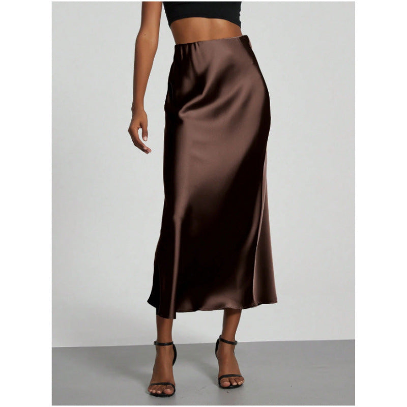Women's High-Waist Satin-Feel Fishtail Midi Skirt in Coffee, front view