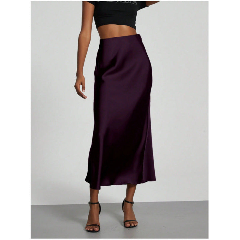 Women's High-Waist Satin-Feel Fishtail Midi Skirt in Deep Purple, front view