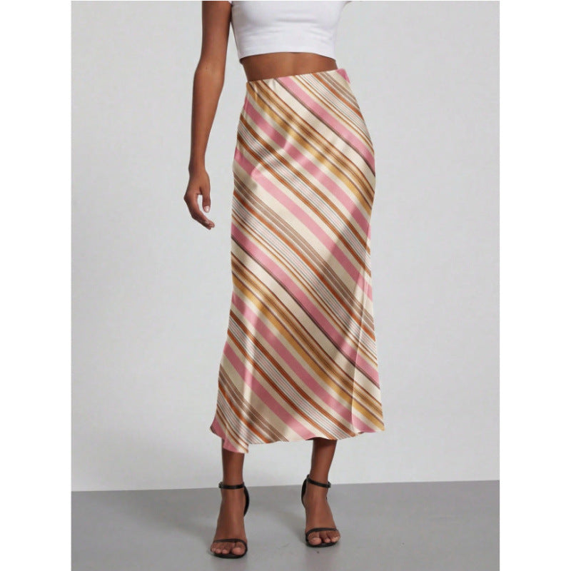 Women's High-Waist Satin-Feel Fishtail Midi Skirt in Diagonal Stripe, front view
