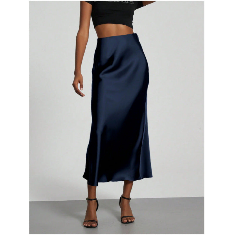 Women's High-Waist Satin-Feel Fishtail Midi Skirt in Navy, front view