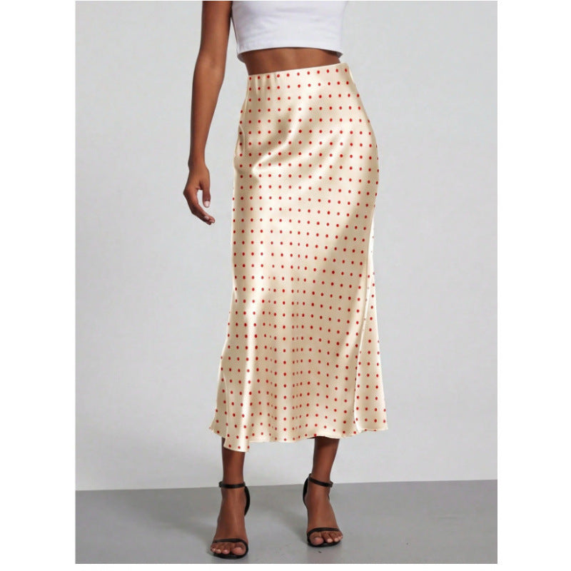 Women's High-Waist Satin-Feel Fishtail Midi Skirt in Red Polka Dot, front view