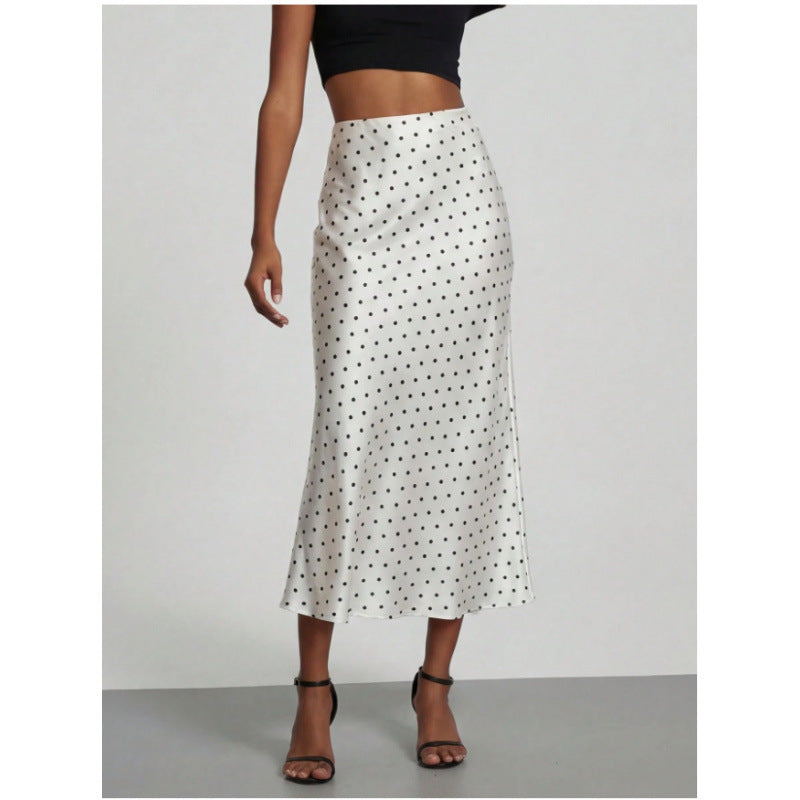 Women's High-Waist Satin-Feel Fishtail Midi Skirt in White Polka Dot, front view