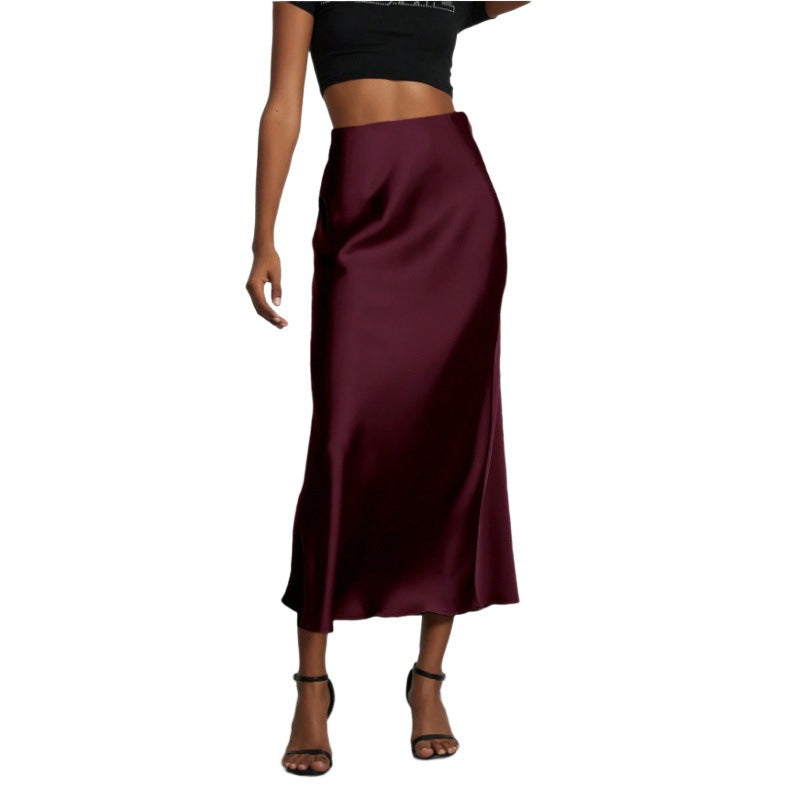 Women's High-Waist Satin-Feel Fishtail Midi Skirt in Wine Red, front view