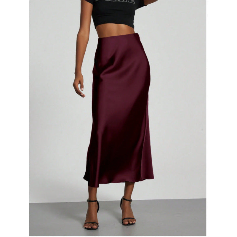 Women's High-Waist Satin-Feel Fishtail Midi Skirt in Wine Red, front view