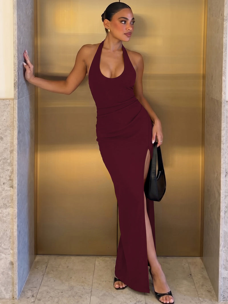Women's High-Waist Slit Halter Maxi Dress in Burgundy, front view