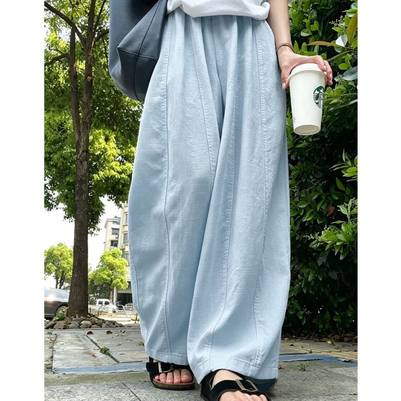 Women's High Waisted Drapey Wide Leg Pants in Light Blue - Petite, front view