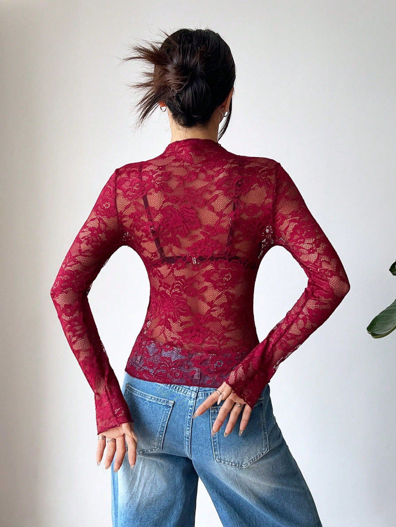 Women's Lace-Look Long Sleeve Sheer Top in Wine Red, back view