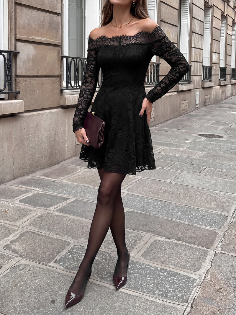Women's Lace-Look Off-Shoulder Slim Fit Mini Dress in Black, front view