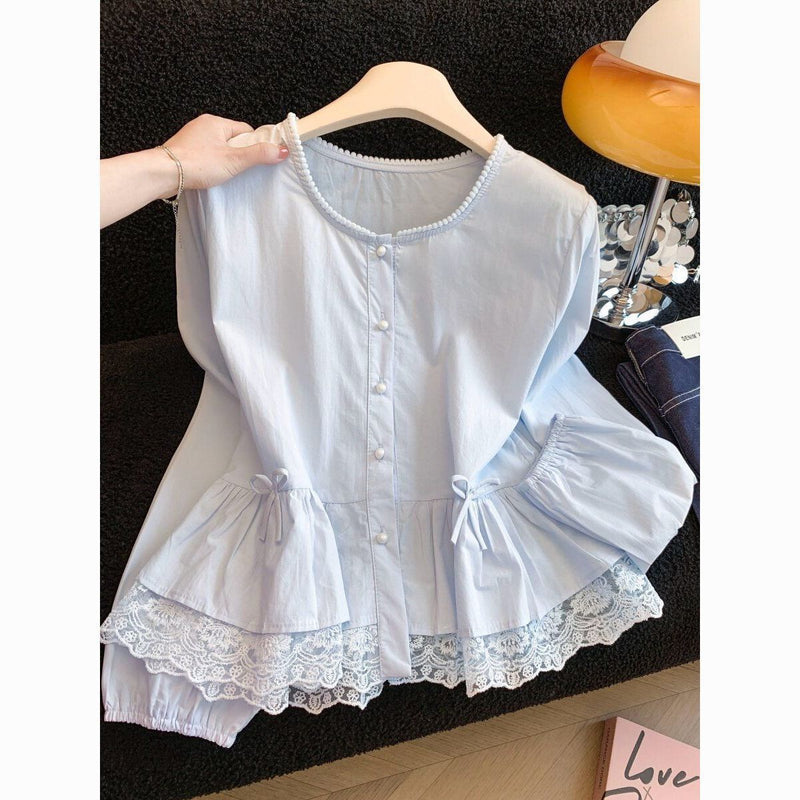 Women's Lace-Trim Balloon Sleeve Ruffle Blouse in Blue, front view
