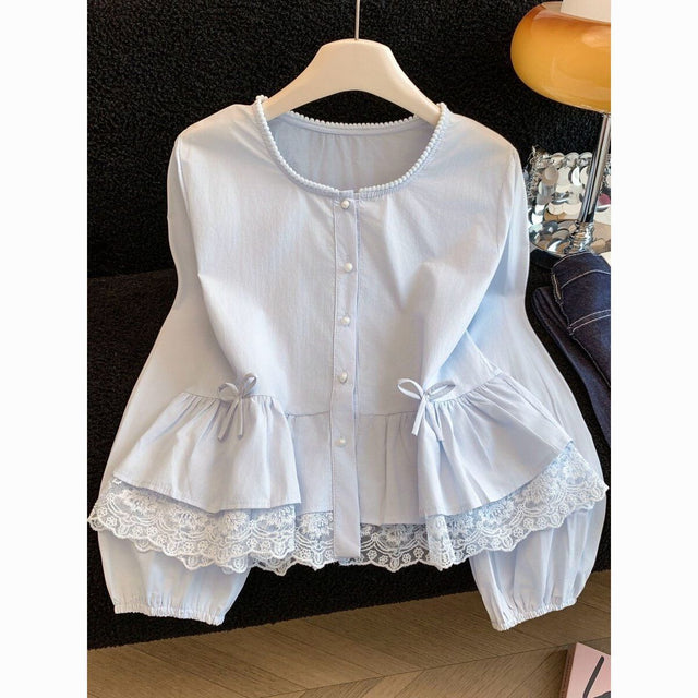 Women's Lace-Trim Balloon Sleeve Ruffle Blouse in Blue, front view