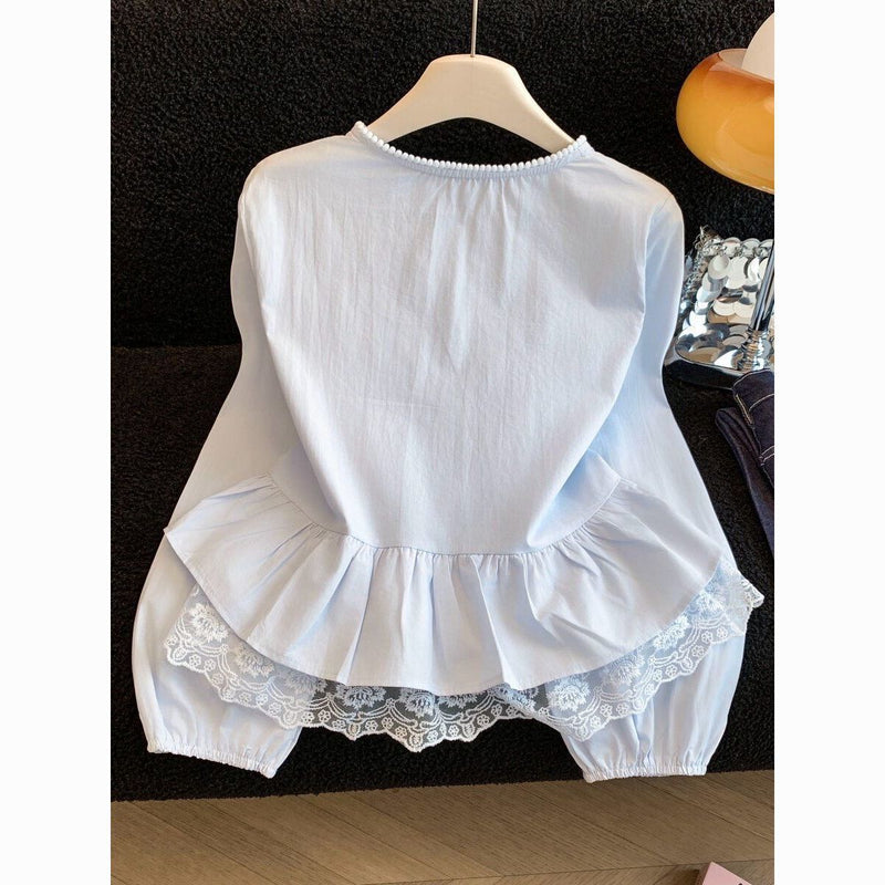 Women's Lace-Trim Balloon Sleeve Ruffle Blouse in Blue, back view