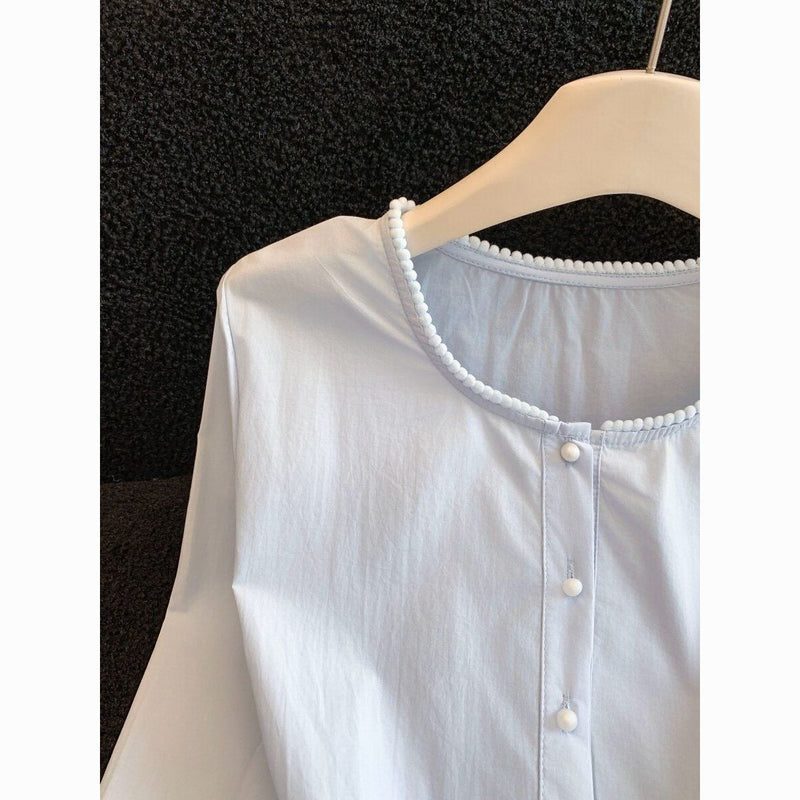 Women's Lace-Trim Balloon Sleeve Ruffle Blouse in Blue, detail