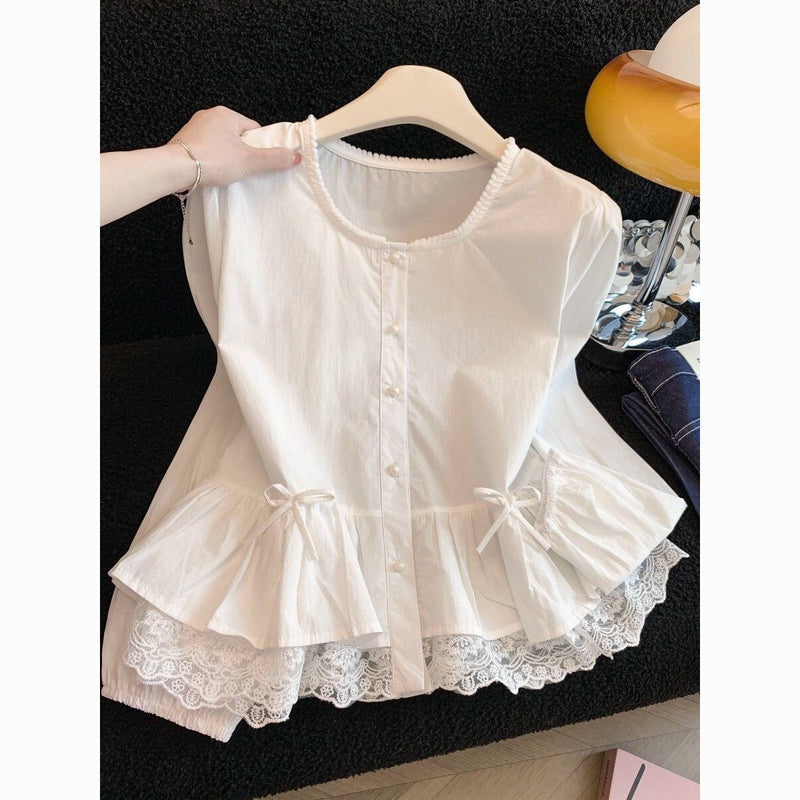 Women's Lace-Trim Balloon Sleeve Ruffle Blouse in White, front view