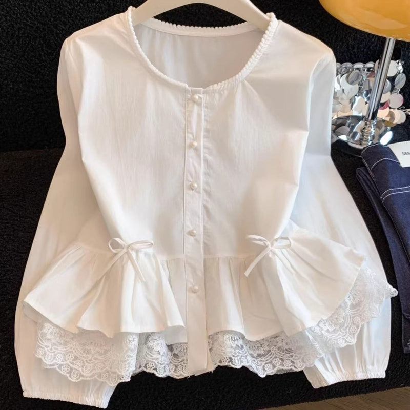 Women's Lace-Trim Balloon Sleeve Ruffle Blouse in White, front view