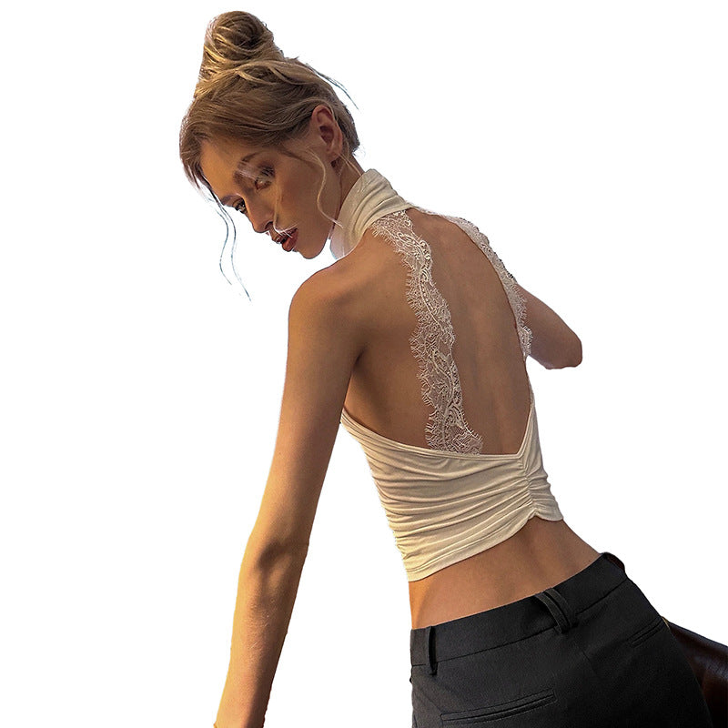 Women's Lace Trim Mock Neck Sleeveless Top in White, back view