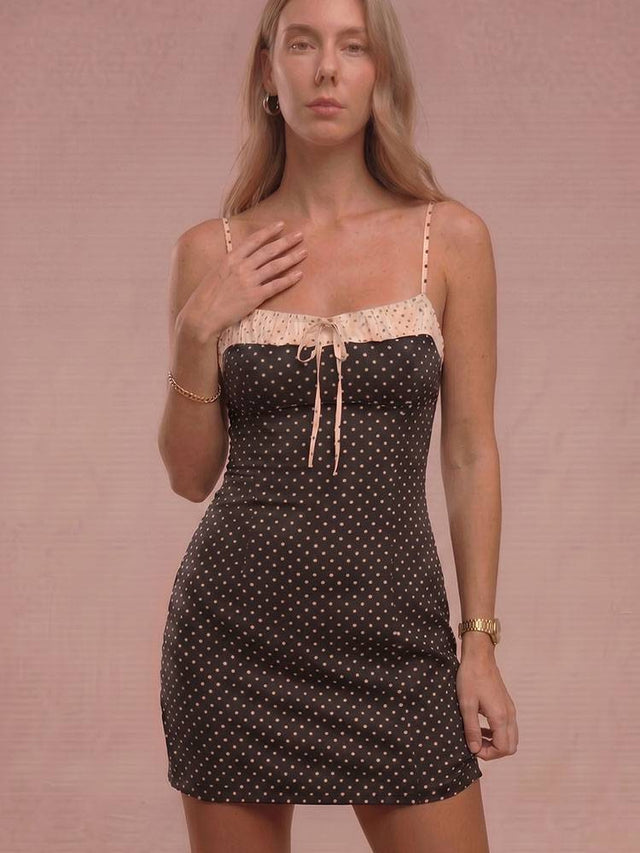 Women's Lace-Up Polka Dot Mini Slip Dress in Black Polka Dot, front view