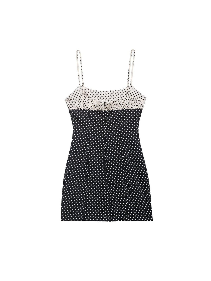 Women's Lace-Up Polka Dot Mini Slip Dress in Black Polka Dot, front view