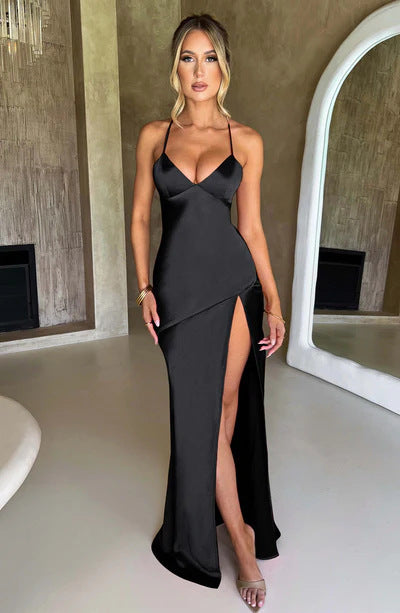 Women's Lace-Up V-Neck High-Waist Slip Dress in Black, front view