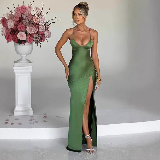 Women's Lace-Up V-Neck High-Waist Slip Dress in Green, front view