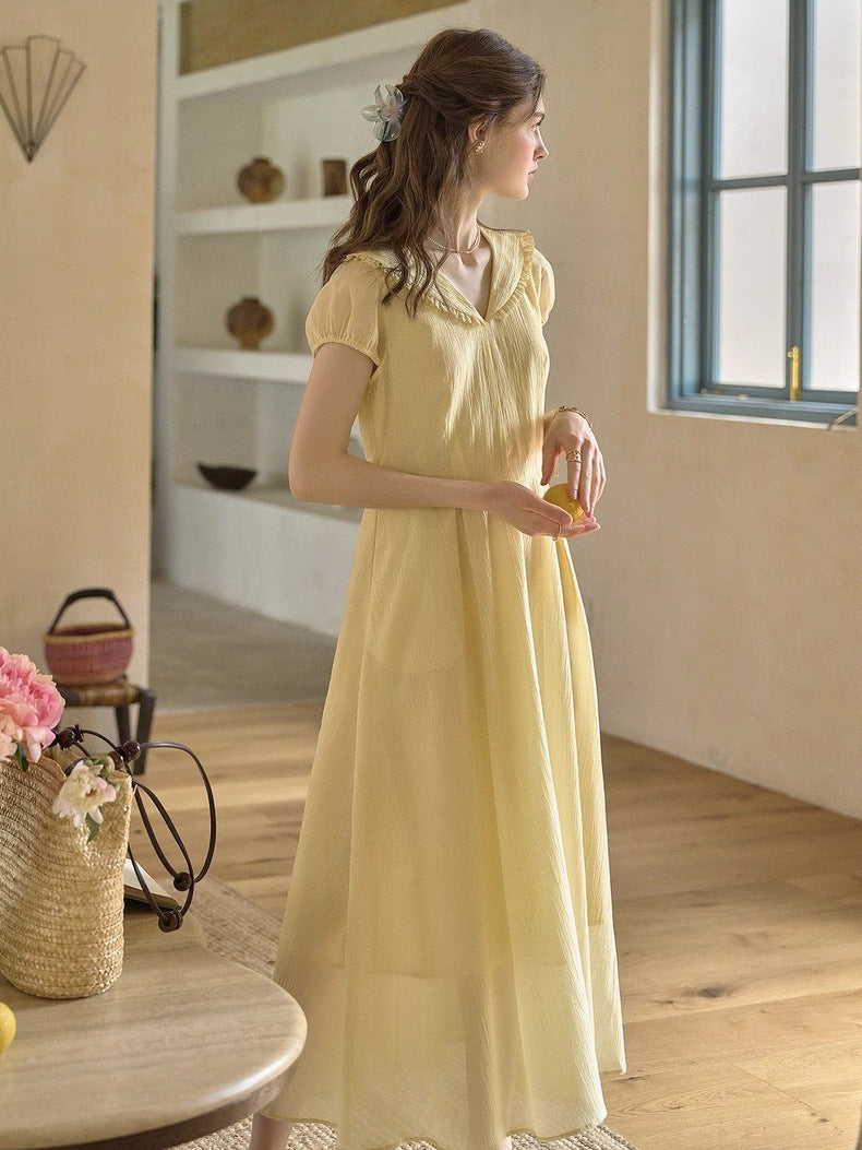 Women's Lapel Puff Sleeve A-Line Dress in Yellow, side view