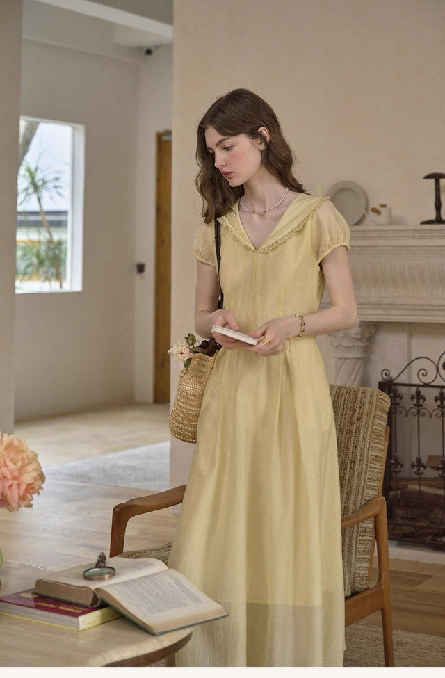 Women's Lapel Puff Sleeve A-Line Dress in Yellow, front view