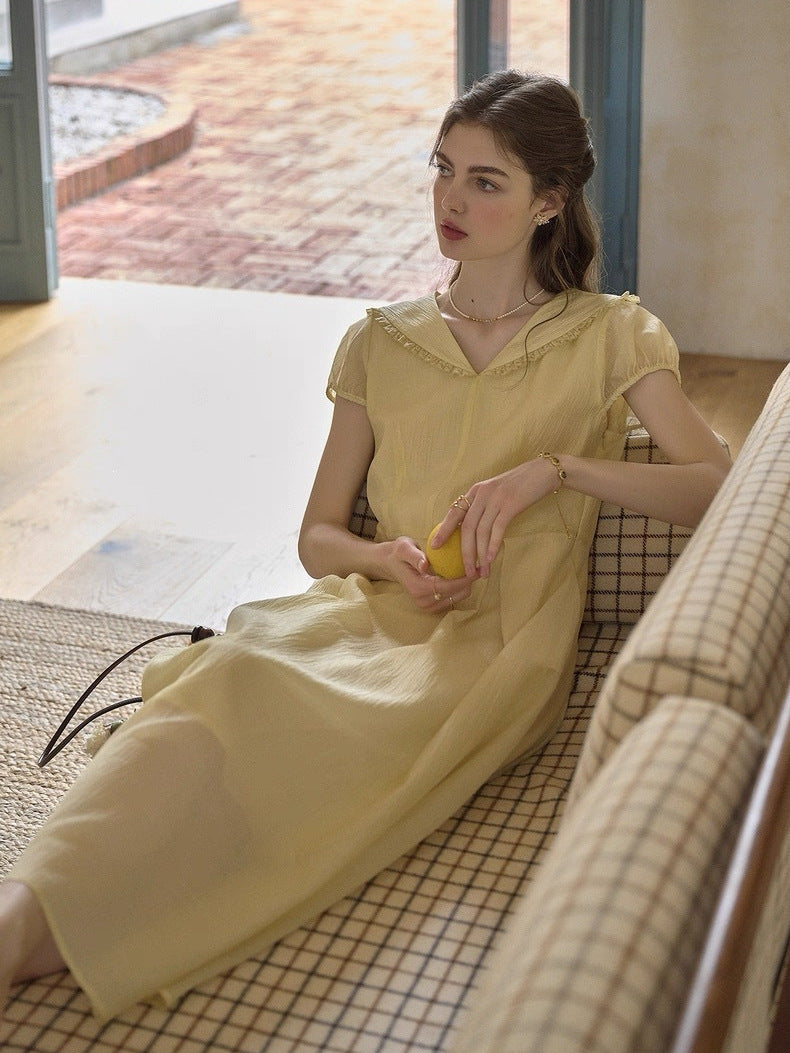 Women's Lapel Puff Sleeve A-Line Dress in Yellow, front view