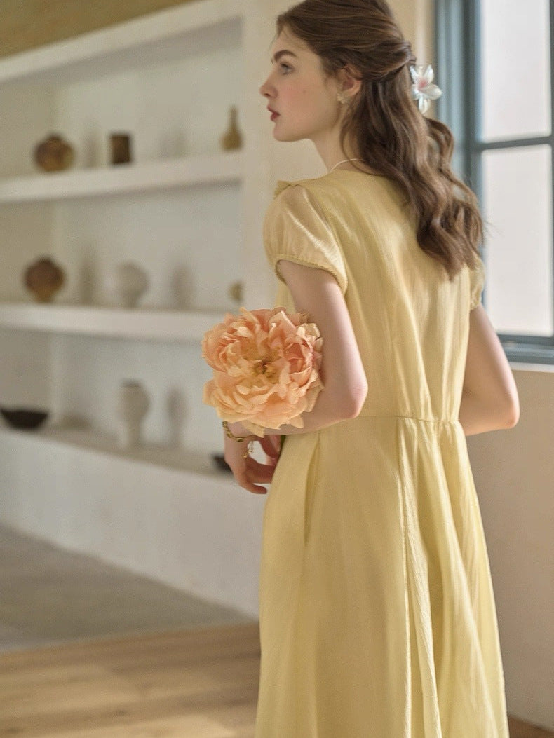 Women's Lapel Puff Sleeve A-Line Dress in Yellow, back view