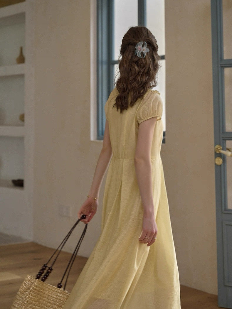 Women's Lapel Puff Sleeve A-Line Dress in Yellow, back view