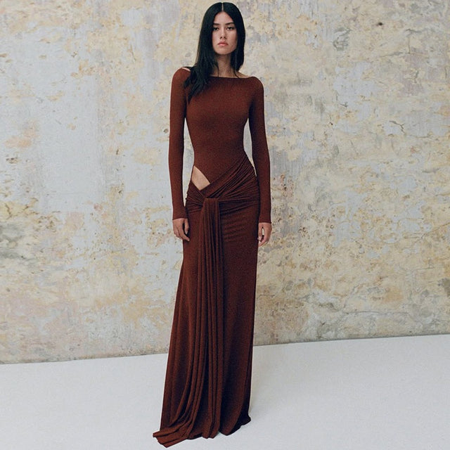 Women's Long Sleeve Cut Out Round Neck Maxi Dress in Brown, front view