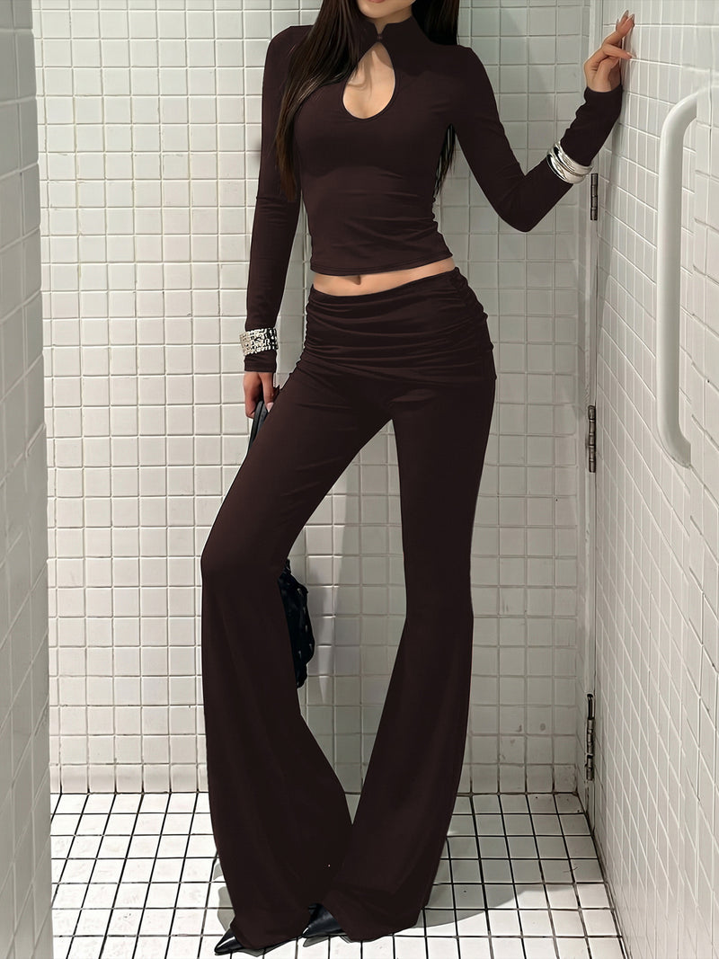 Women's Long Sleeve Cutout Flare Pants Two Piece Set in Coffee, front view
