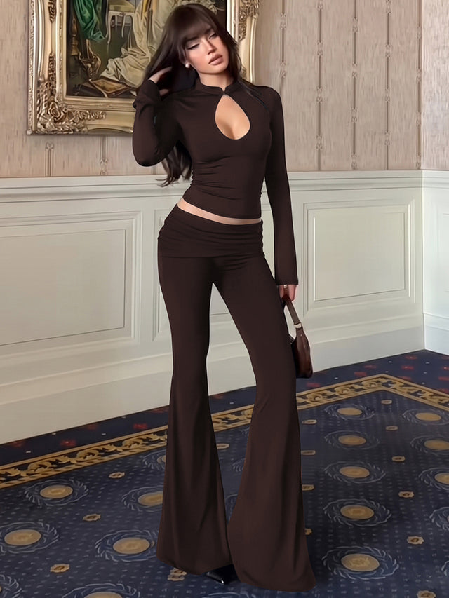 Women's Long Sleeve Cutout Flare Pants Two Piece Set in Coffee, front view