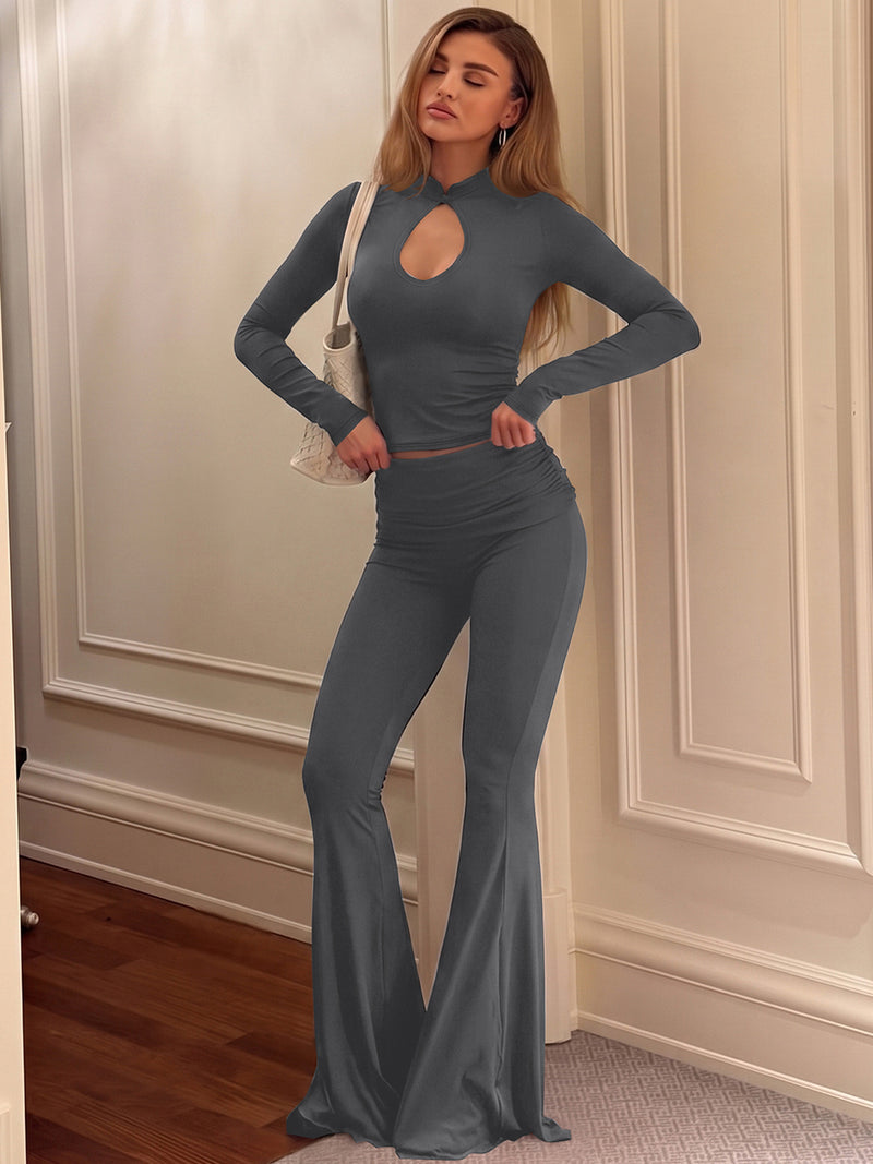 Women's Long Sleeve Cutout Flare Pants Two Piece Set in Grey, front view