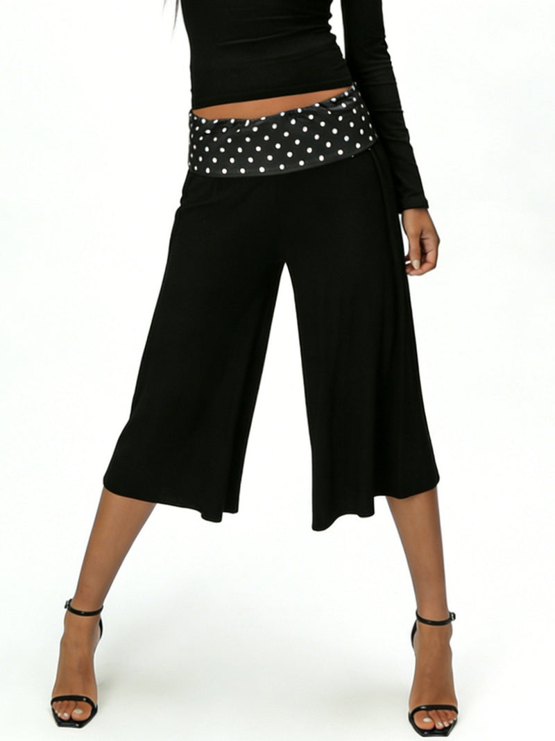 Women's Loose Fit Fold-Over Wide-Leg Capri Pants in Black Polka Dot, front view
