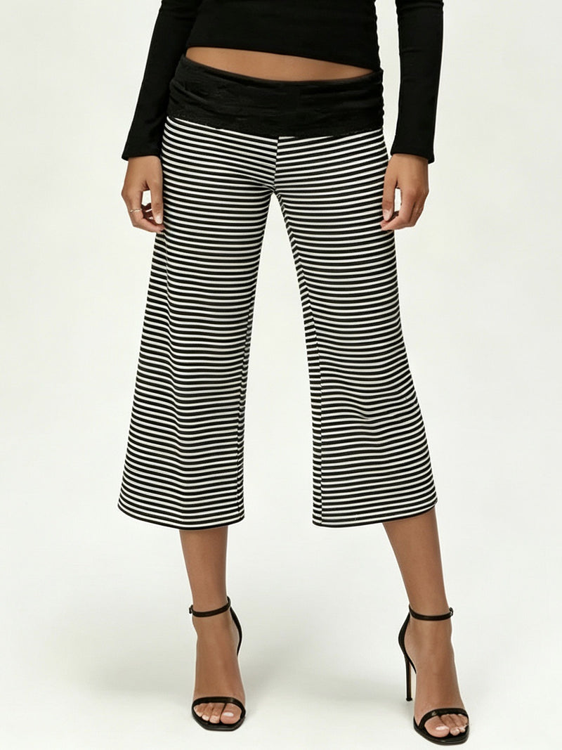 Women's Loose Fit Fold-Over Wide-Leg Capri Pants in Black Stripe, front view