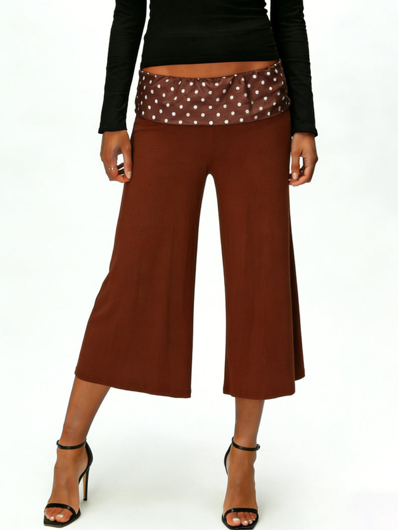 Women's Loose Fit Fold-Over Wide-Leg Capri Pants in Brown Polka Dot, front view