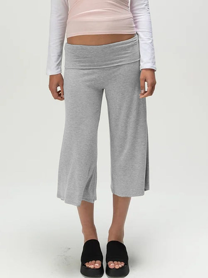 Women's Loose Fit Fold-Over Wide-Leg Capri Pants in Grey, front view