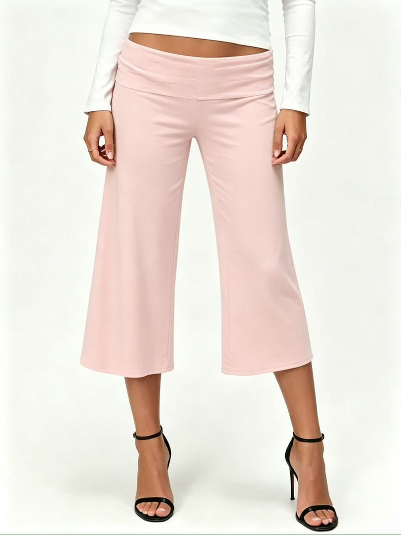 Women's Loose Fit Fold-Over Wide-Leg Capri Pants in Pink, front view