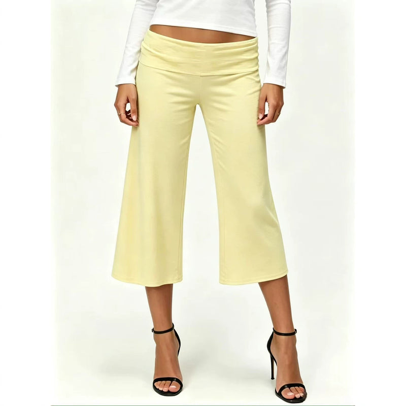 Women's Loose Fit Fold-Over Wide-Leg Capri Pants in Yellow, front view