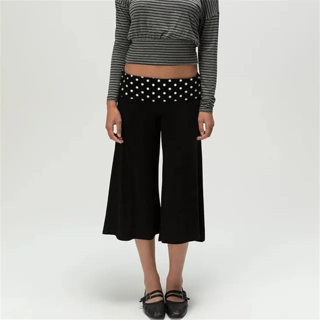 Women's Low-Rise Fold-Over Cropped Capri Pants in Black Polka Dot, front view