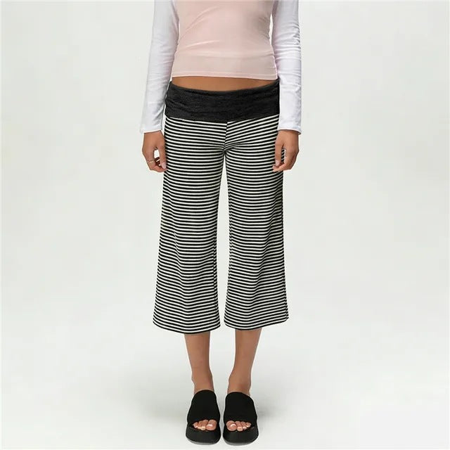 Women's Low-Rise Fold-Over Cropped Capri Pants in Black Stripe, front view