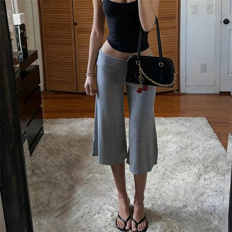 Women's Low-Rise Fold-Over Cropped Capri Pants in Grey, front view