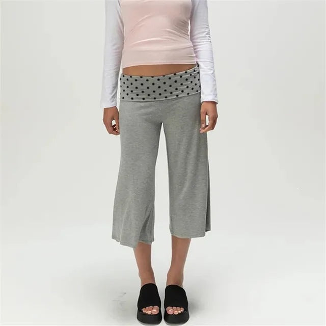 Women's Low-Rise Fold-Over Cropped Capri Pants in Grey Polka Dot, front view