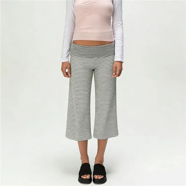 Women's Low-Rise Fold-Over Cropped Capri Pants in Grey Stripe, front view