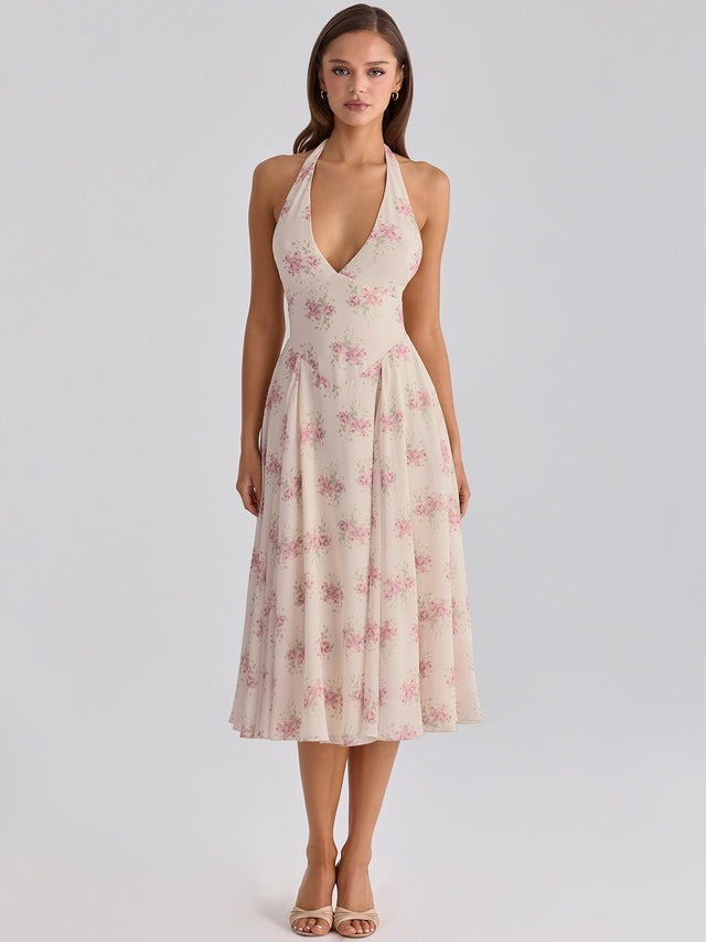 Women's Mesh Patchwork Backless Halter Maxi Dress in Apricot, front view