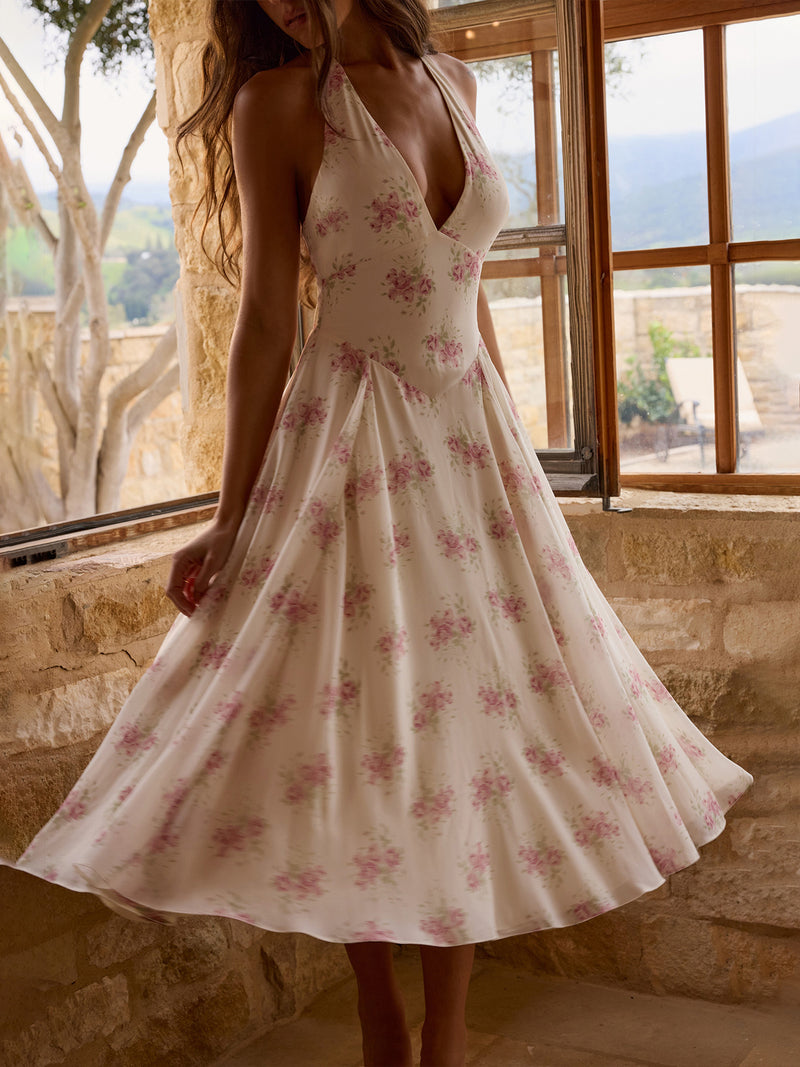 Women's Mesh Patchwork Backless Halter Maxi Dress in Apricot, front view