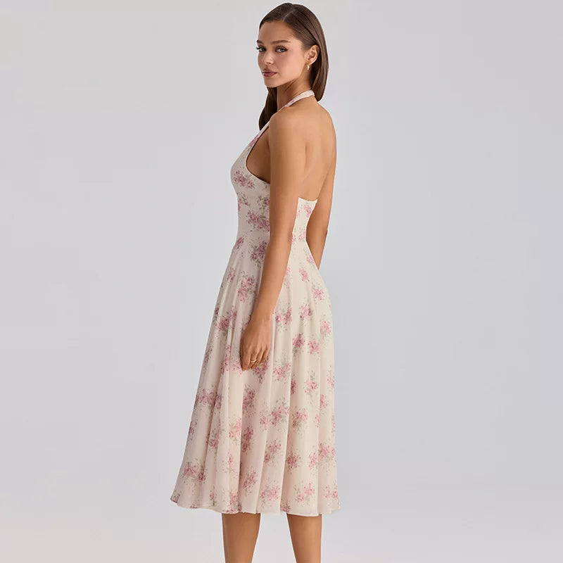 Women's Mesh Patchwork Backless Halter Maxi Dress in Apricot, back view