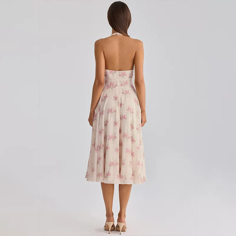 Women's Mesh Patchwork Backless Halter Maxi Dress in Apricot, back view