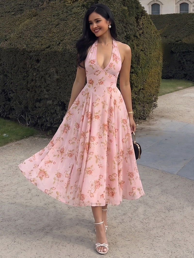 Women's Mesh Patchwork Backless Halter Maxi Dress in Pink, front view