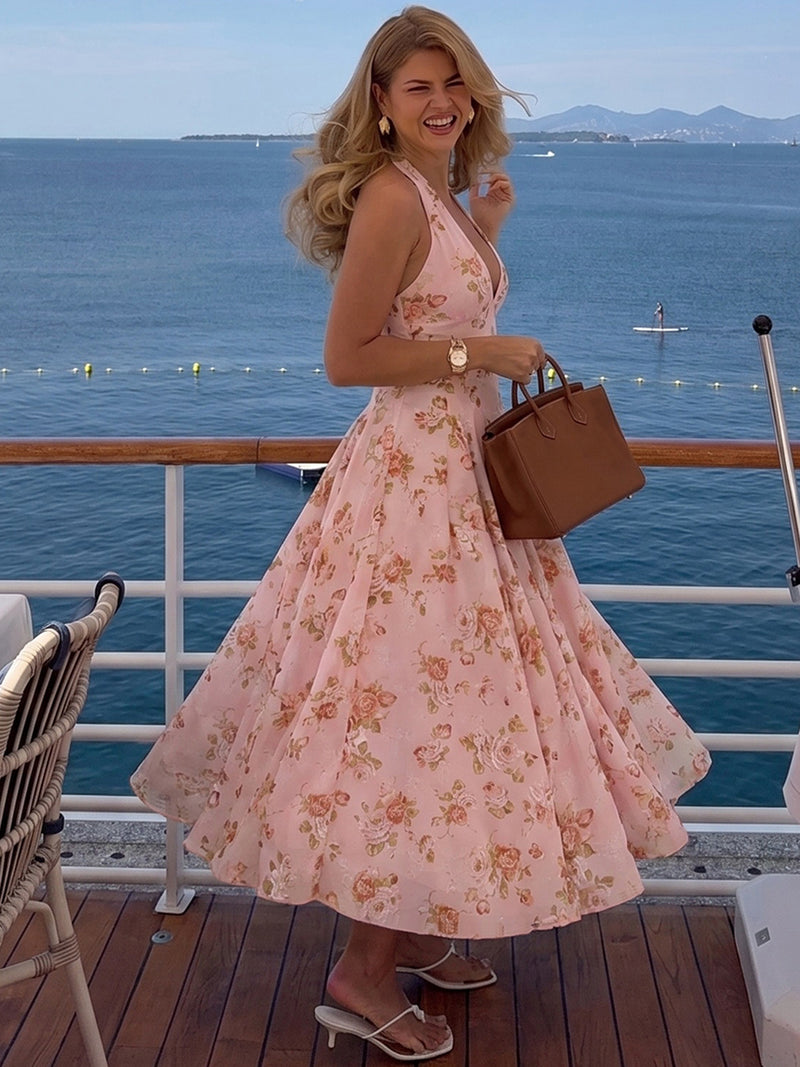 Women's Mesh Patchwork Backless Halter Maxi Dress in Pink, front view