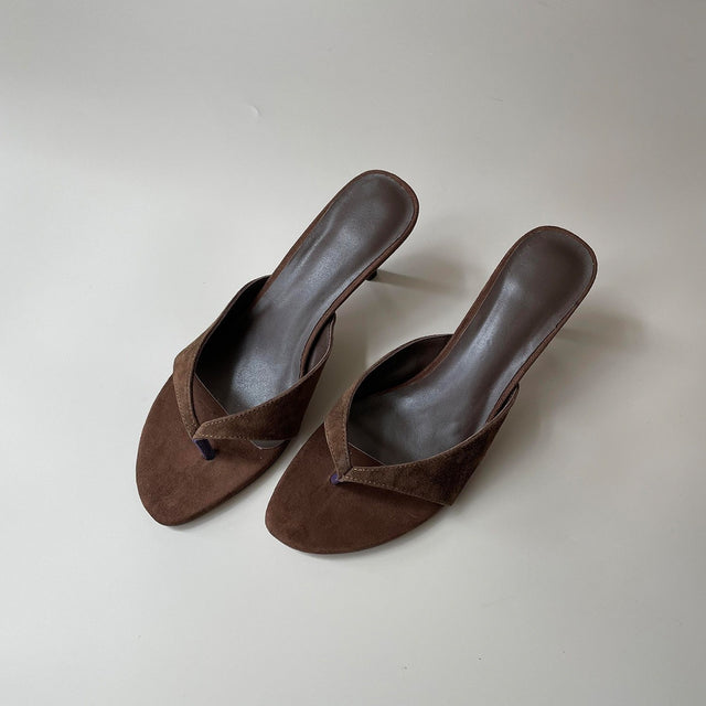 Women's Minimalist Round Toe Thong Heeled Sandals in Brown, front view